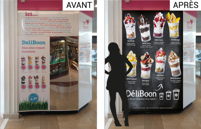 Panneau merchandising glaces yaourt glacé en magasin avant - après