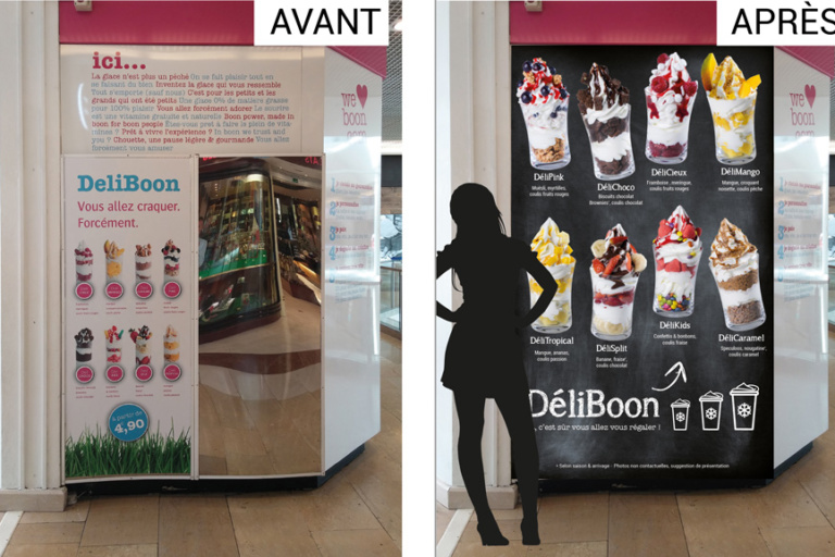 Panneau merchandising en magasin avant/après Panneau merchandising glaces yaourt glacé en magasin avant - après