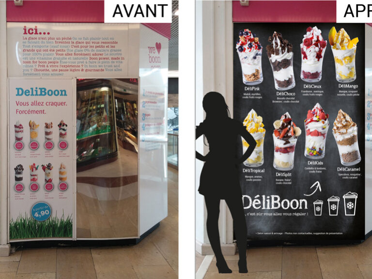 Panneau merchandising glaces yaourt glacé en magasin avant - après